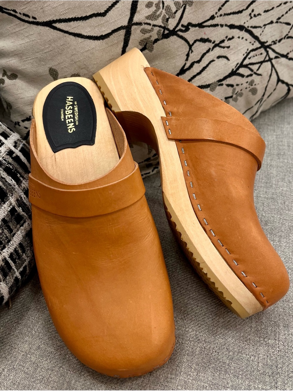 Swedish Hasbeens Cognac Tan Leather Clogs